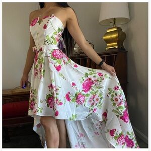 Windsor 9/10 Floral Strapless High-Low Dress with Pink Roses